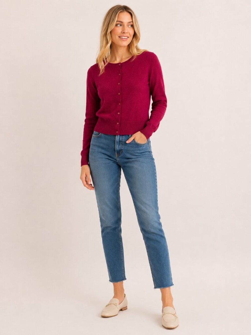 Banana Republic Rib Trim Crew Neck Cardigan Full Button Front Berry XS #A2396